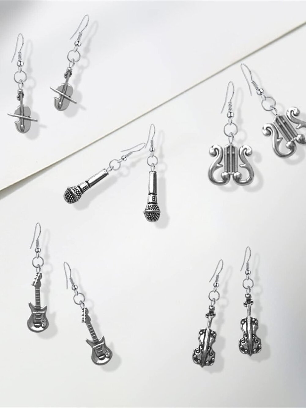 12 Pairs Lightweight Handmade Vintage Silver Music Note Dangle Drop Earrings Set - Picture 6 of 7